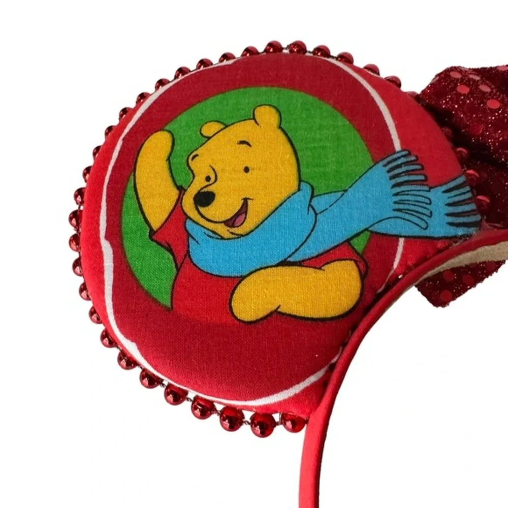 Winnie the Pooh Christmas Mickey Ears Headband Red Sequin Bow Holiday Handmade